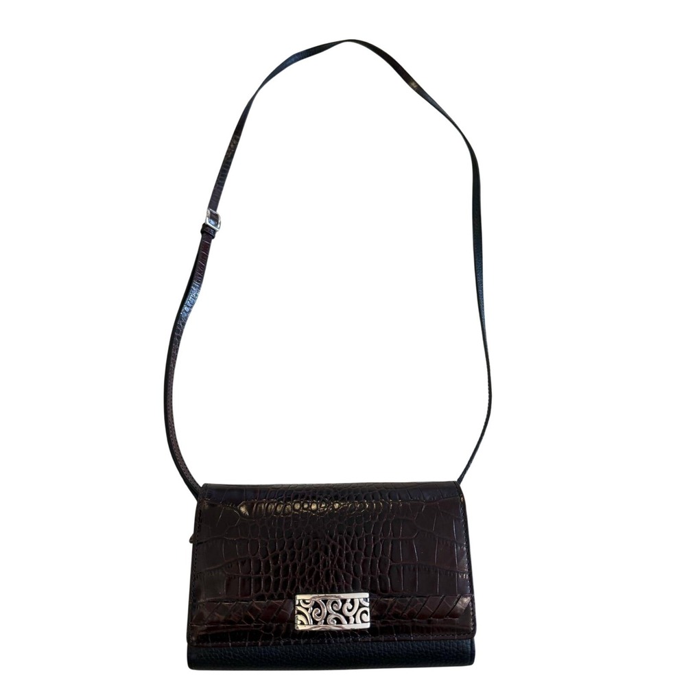 Brighton Crossbody Wallet Bag Brown Croc Black Pebbled Leather Silver Filigree